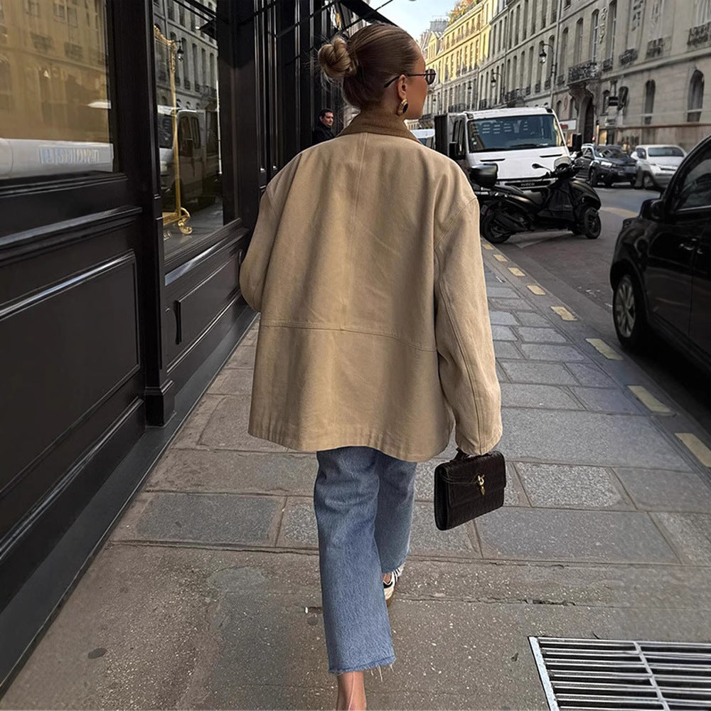 Women's Oversized Field Jacket with Cord Collar, Large Flap Pockets and Snap Button Closure Mune Fashion