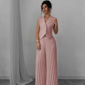 Women's Sleeveless Vest Blazer Top with Lapel and Pleated Palazzo Pants Two-Piece Evening Set Mune Fashion