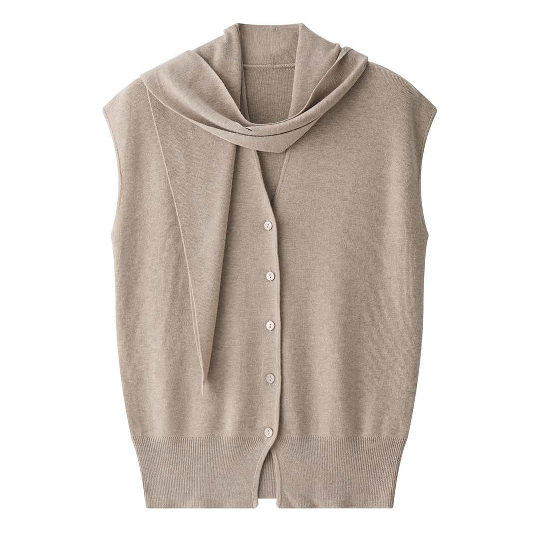 Women's Sleeveless Fine Knit Vest with V-Neck, Button Placket and Tie Waist Mune Fashion