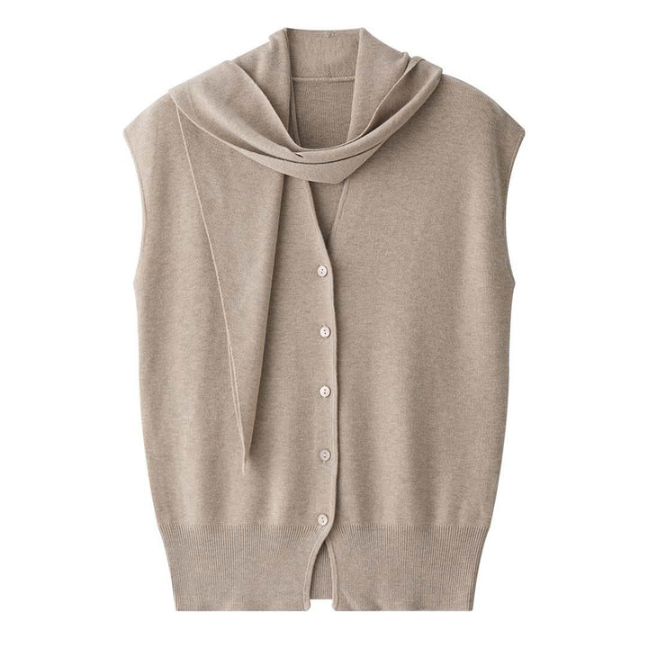 Women's Sleeveless Fine Knit Vest with V-Neck, Button Placket and Tie Waist Mune Fashion