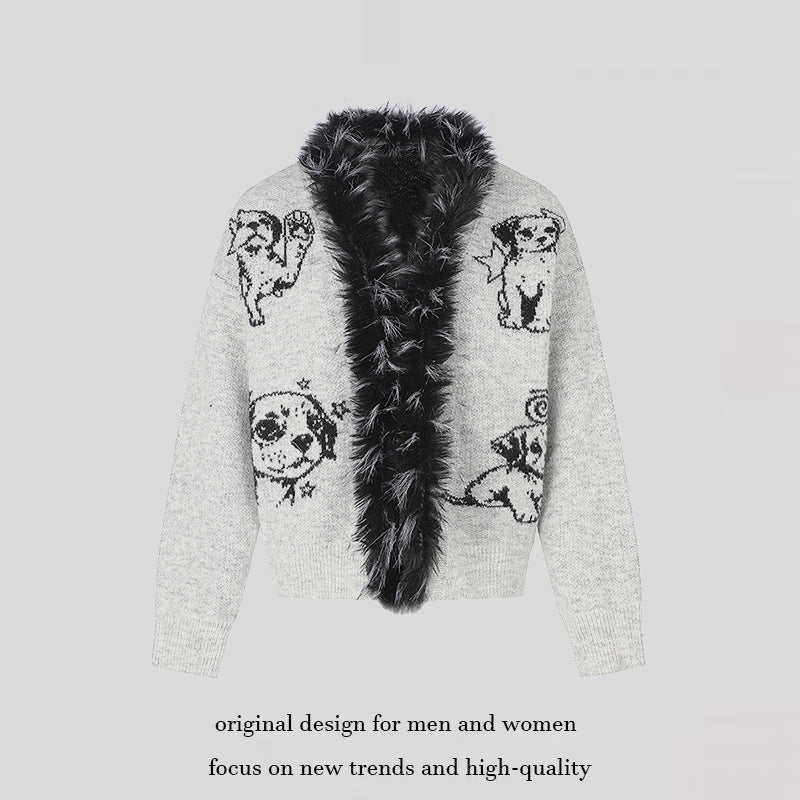 Women's cardigan with faux fur collar and illustrative dog motif Mune Fashion