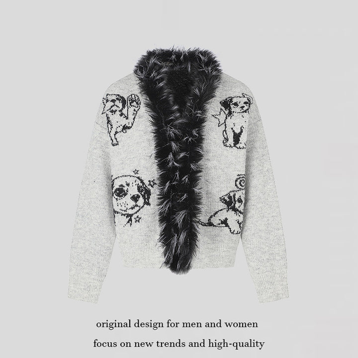 Women's cardigan with faux fur collar and illustrative dog motif Mune Fashion