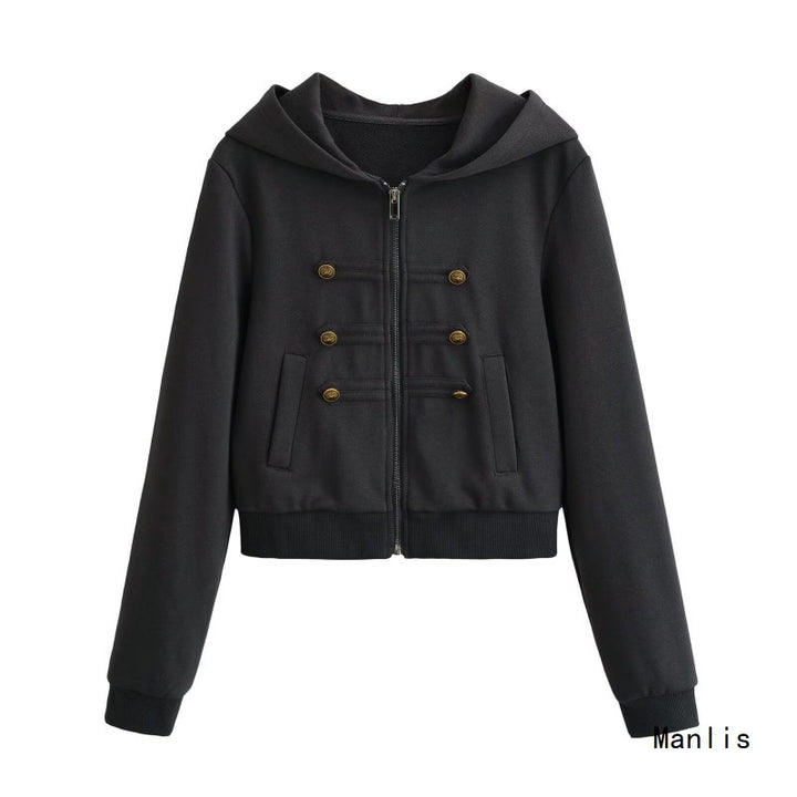Women's Cropped Hooded Blouson in Military Look with Decorative Button Placket and Ribbed Hem Mune Fashion
