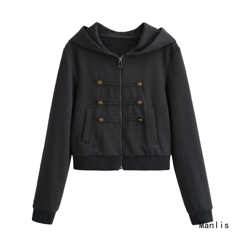 Women's Cropped Hooded Blouson in Military Look with Decorative Button Placket and Ribbed Hem Mune Fashion