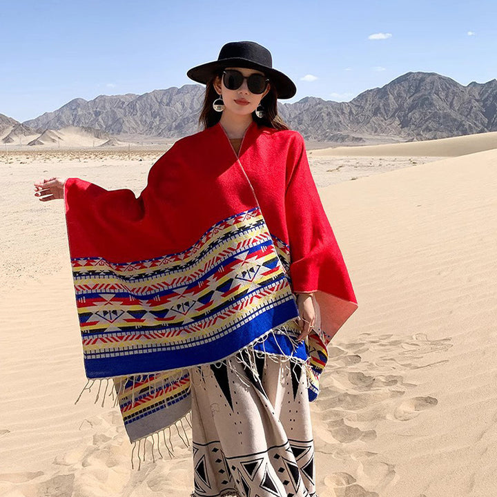Women's Oversize Reversible Poncho made of Wool Blend with Ethno Jacquard and Fringe Hem Mune Fashion