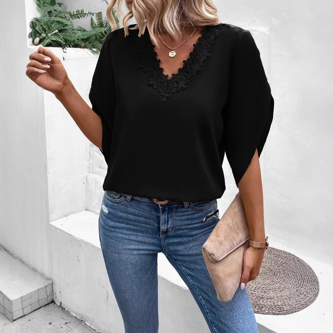 Women's Elegant V-neck Blouse with Floral Lace Edge and Batwing Sleeves Mune Fashion