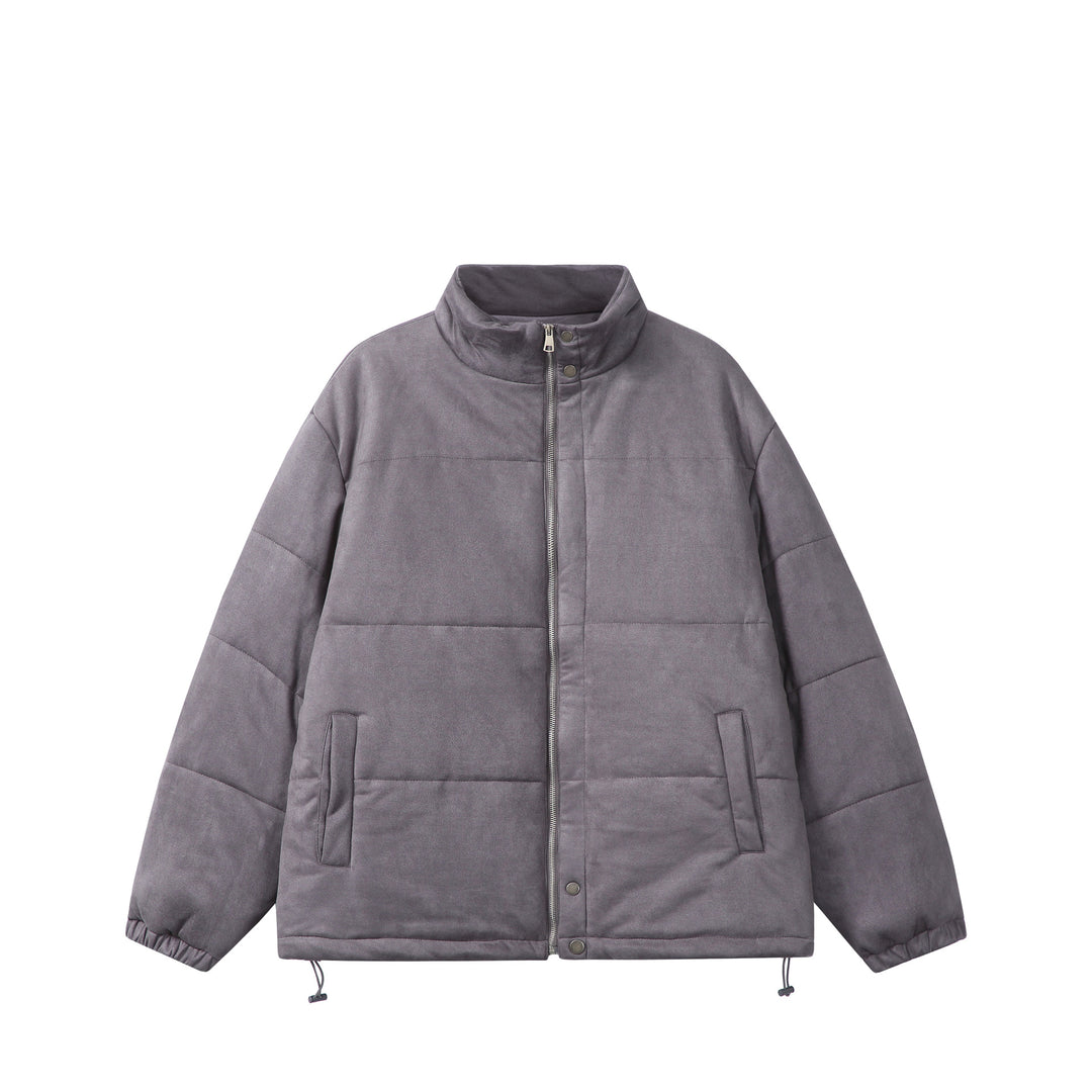 Unisex Boxy quilted jacket in velvet finish with high funnel collar and adjustable hem Mune Fashion