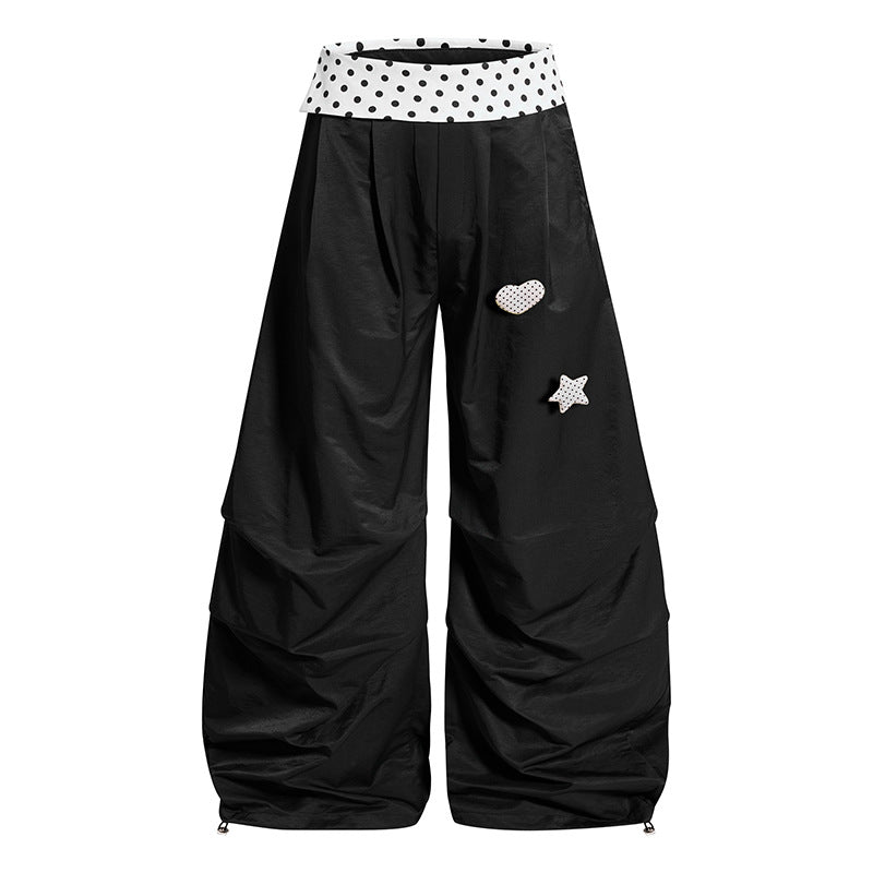 Women's Wide Palazzo Lounge Pants with Cuffed Waistband, Gathered Leg, and Application Details Mune Fashion