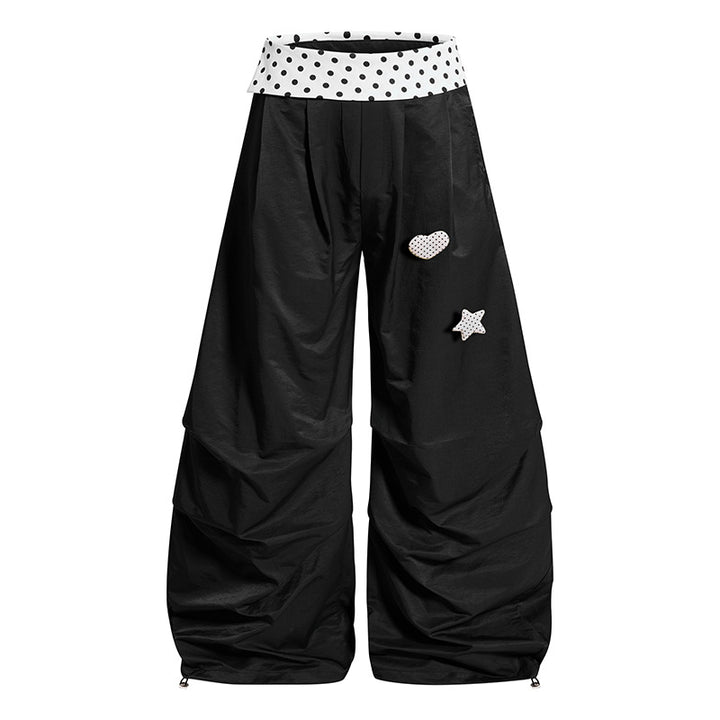 Women's Wide Palazzo Lounge Pants with Cuffed Waistband, Gathered Leg, and Application Details Mune Fashion