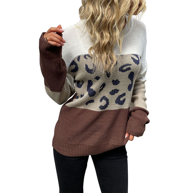 Women Long Sleeve Fine Knit Sweater with Subtle Leopard Print and Block Stripes Mune Fashion