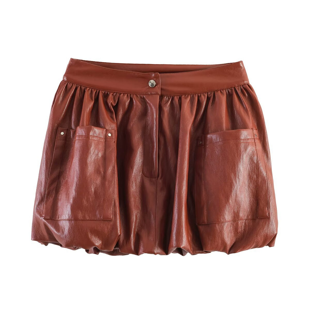 Women’s Short Balloon Skirt made of Faux Leather with High Waist and Patch Pockets Mune Fashion
