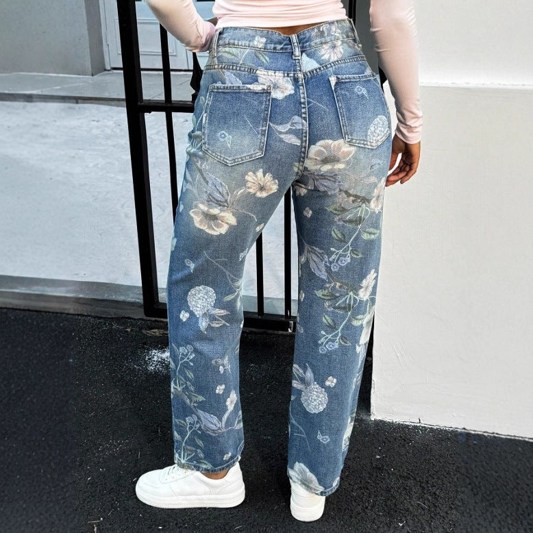 Women High-Waist Straight Jeans with floral print and relaxed fit Mune Fashion