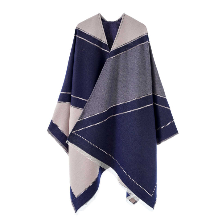 Women Reversible Knitted Cape-Poncho with Fringes and Contrasting Stripes Mune Fashion