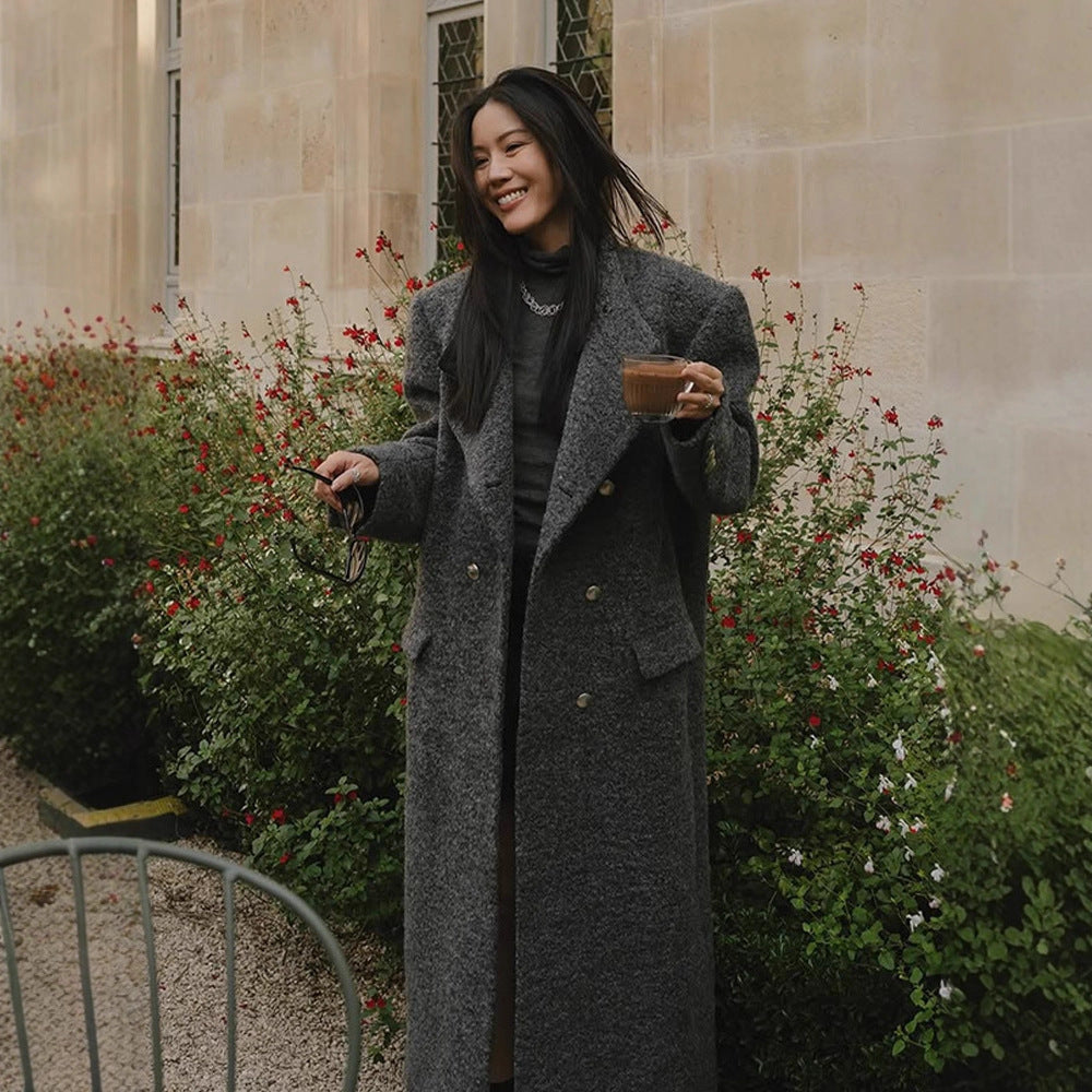 Women Maxi Long Oversize Wool Blend Coat Double-Breasted with Boxy Silhouette and Patch Pockets Mune Fashion