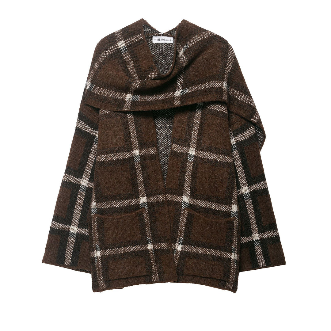 Women Oversized Cape Cardigan with Hood, Patch Pockets and Check Pattern Mune Fashion