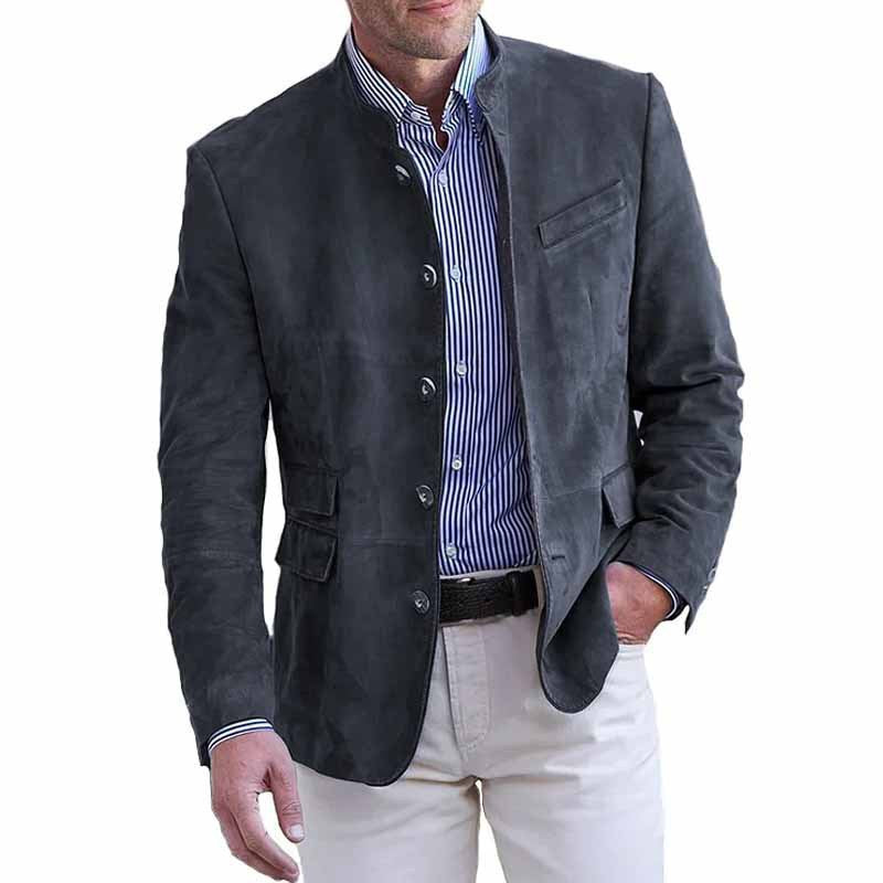 Men's Suede Blazer with Stand-up Collar and Flap Pockets Mune Fashion
