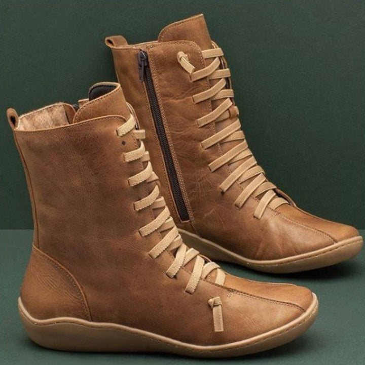 Women's ankle-high lace-up boots with side zipper and shock-absorbing rubber sole Mune Fashion