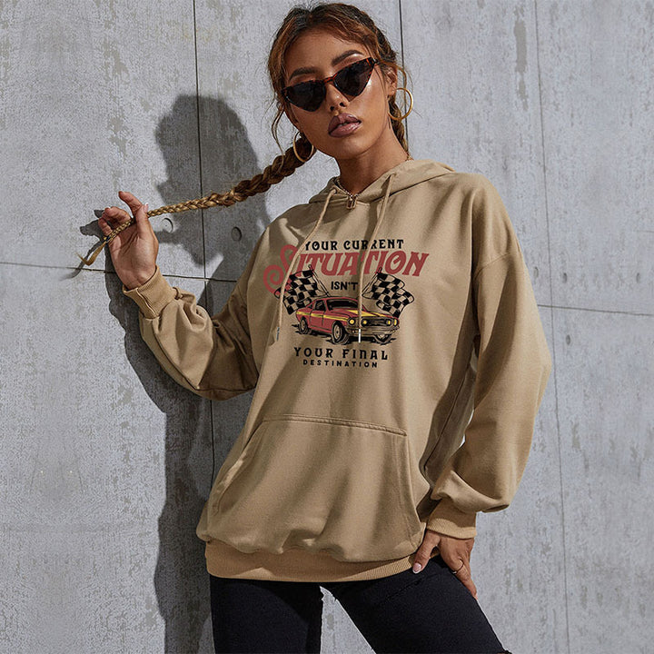 Women's Oversize Hoodie with Vintage Racer Print, Kangaroo Pocket and Ribbed Hem Mune Fashion