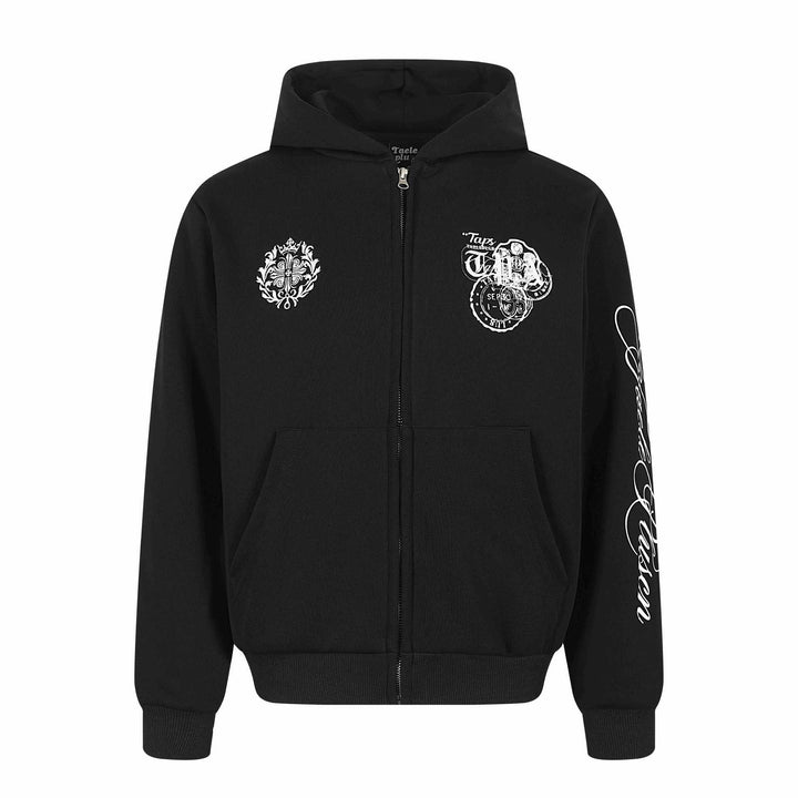 Unisex Hooded Sweat Jacket with Full Zip, Kangaroo Pocket and Ornamental Seal Prints Mune Fashion