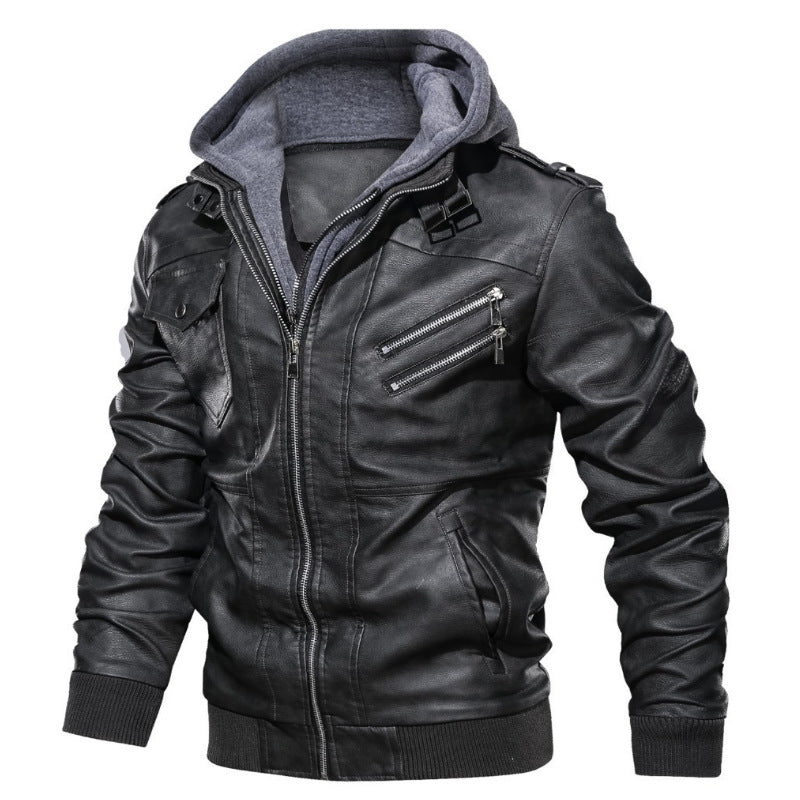 Men's Urban Hooded Leather Jacket in Biker Style with Zipper Details and Ribbed Cuffs Mune Fashion