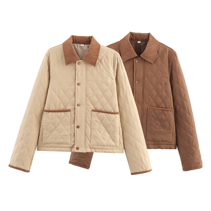 Women's quilted short jacket with cord collar, snap button placket and patch pockets Mune Fashion