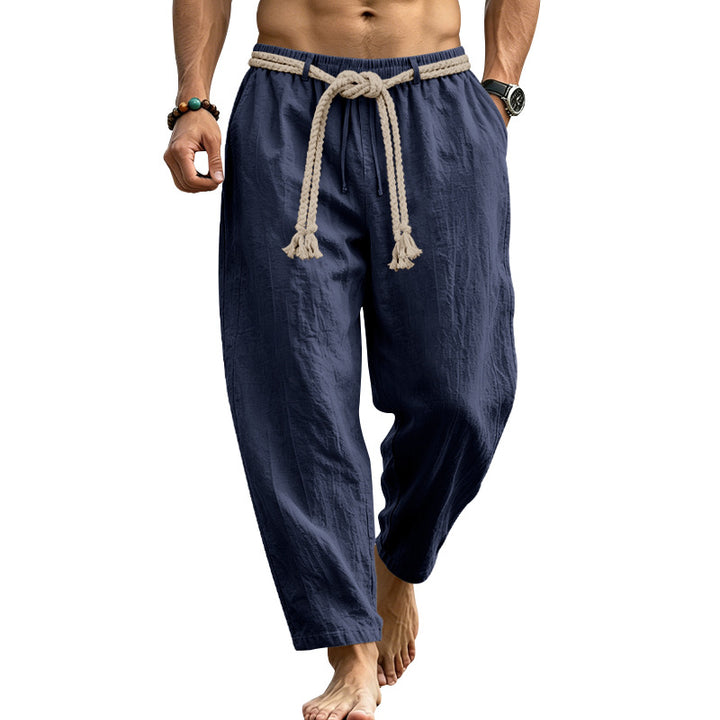 Men's Casual Linen Lounge Pants with Elastic Waistband, Decorative Rope Belt and Side Pockets Mune Fashion