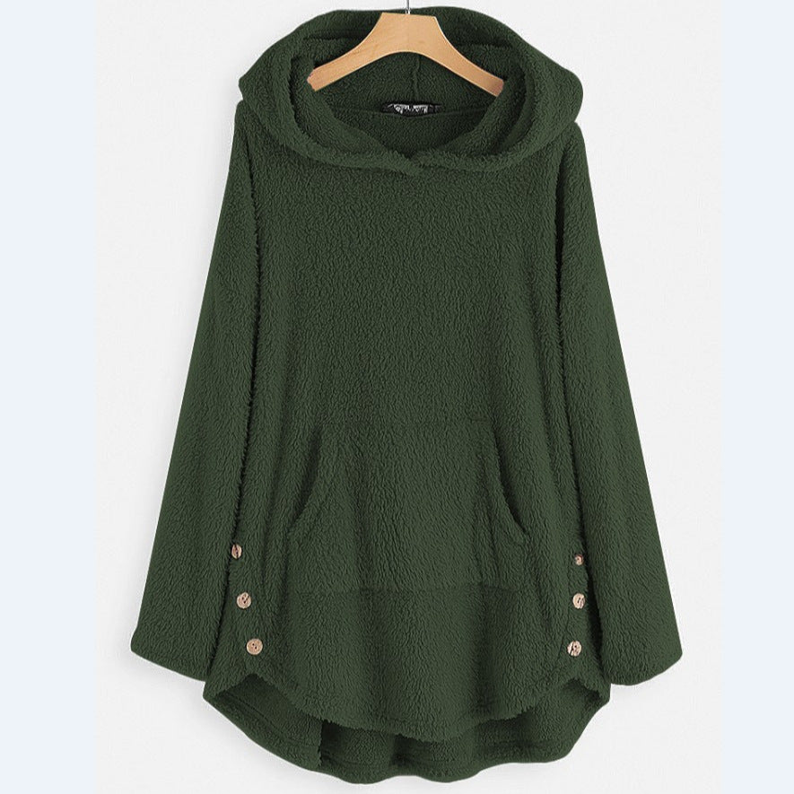 Women's cuddly teddy hoodie with kangaroo pocket, button placket on the sides and rounded hem Mune Fashion