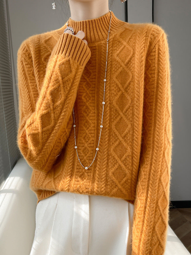 Women Cozy Mohair-Optic Mock Neck Sweater with Diamond Cable Structure and Boxy Silhouette Mune Fashion