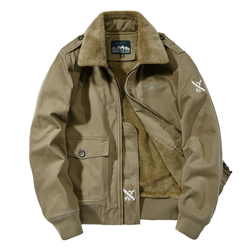 Men's bomber field jacket with continuous Sherpa lining, shoulder flaps, and concealed two-way zipper Mune Fashion