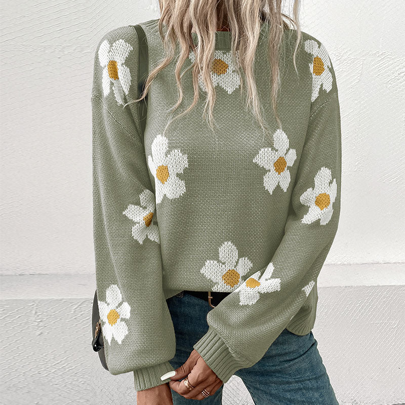 Women's Patterned Knit Sweater with Flower Motif Mune Fashion