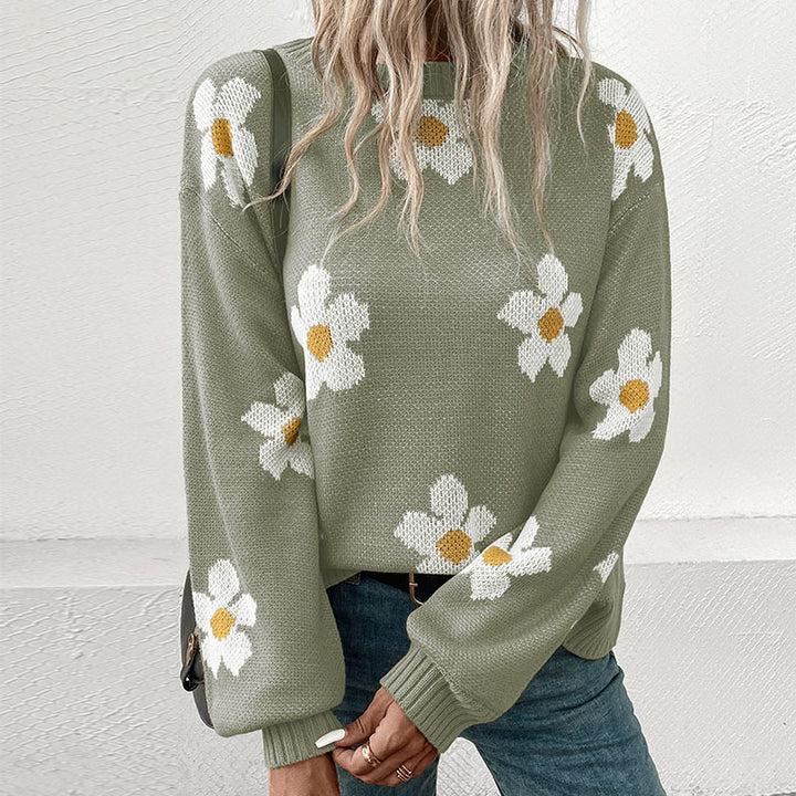 Women's Patterned Knit Sweater with Flower Motif Mune Fashion