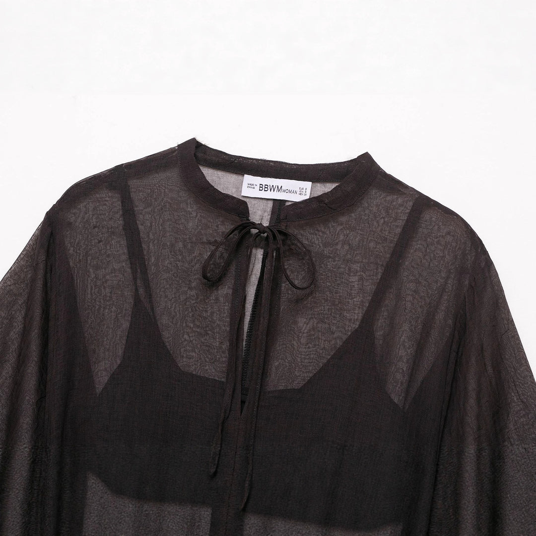 Women Transparent Chiffon Kaftan Dress with Ruffle Sleeves and Drawstring