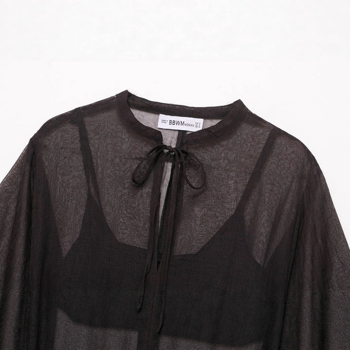 Women Transparent Chiffon Kaftan Dress with Ruffle Sleeves and Drawstring
