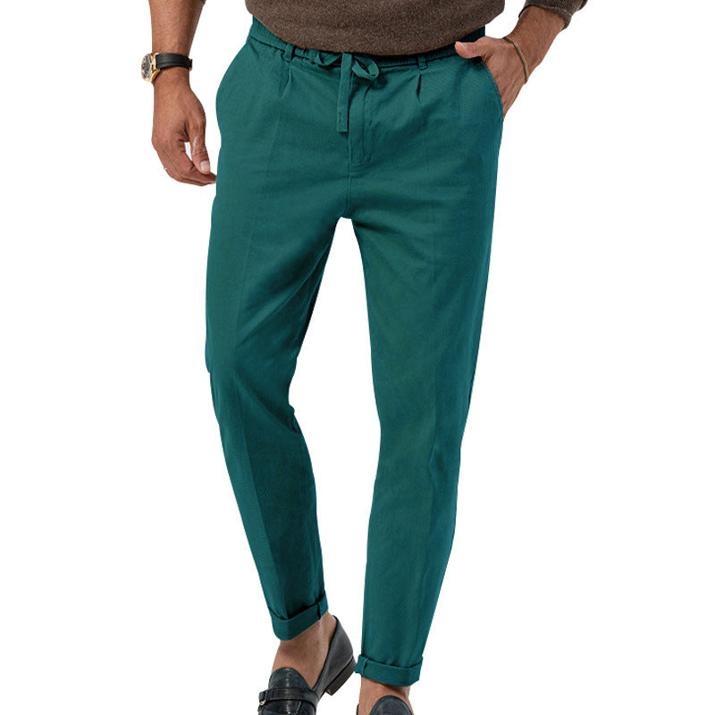 Men's Tapered Linen-Cotton Pants with Elastic Waistband, Drawstring and Cuffs Mune Fashion