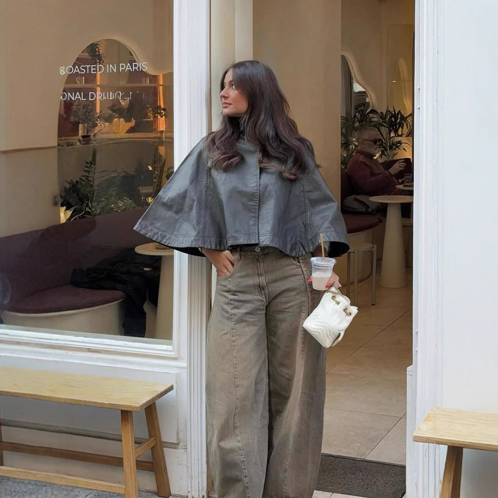 Women's Short Leather Cape Jacket with High Stand Collar and Boxy Cropped Silhouette Mune Fashion