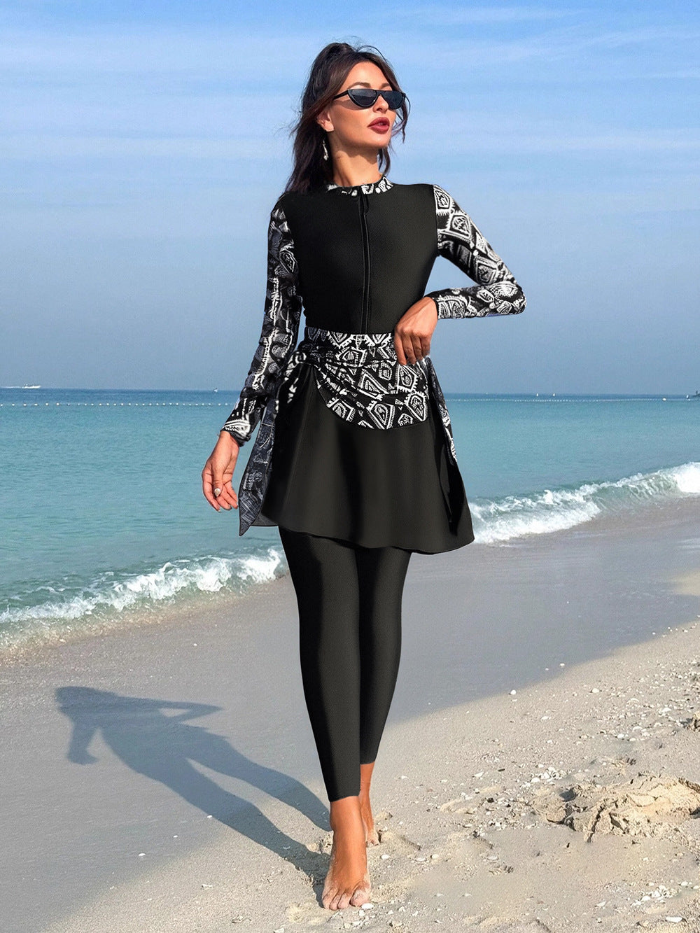 Women's Fashionable Swimsuit with Zip and Asymmetrical Skirt Mune Fashion