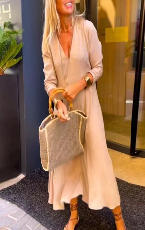 Women's ankle-length V-neck kaftan maxi dress made of linen blend with loose A-line and concealed side pockets Mune Fashion