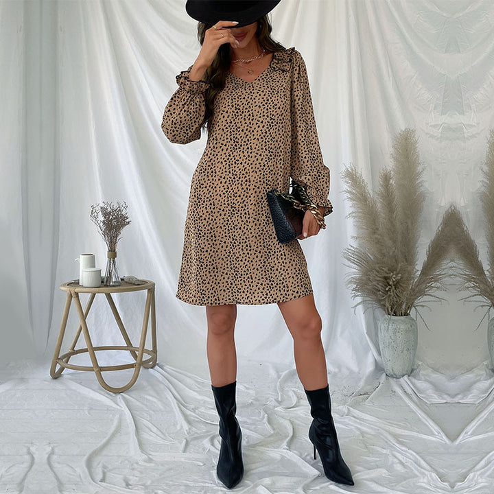 Ladies' mini dress with V-neck, ruffled collar, and subtle animal print Mune Fashion