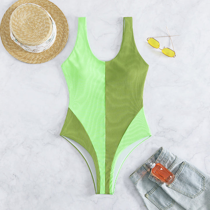 Women's One-Piece Swimsuit with Deep V-Neck and Fashionable Color Block Design Mune Fashion