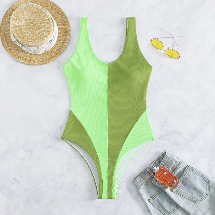 Women's One-Piece Swimsuit with Deep V-Neck and Fashionable Color Block Design Mune Fashion