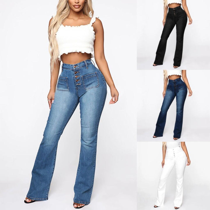 Women nan High-Waist Flared Trousers with visible button placket and applied front pockets Mune Fashion