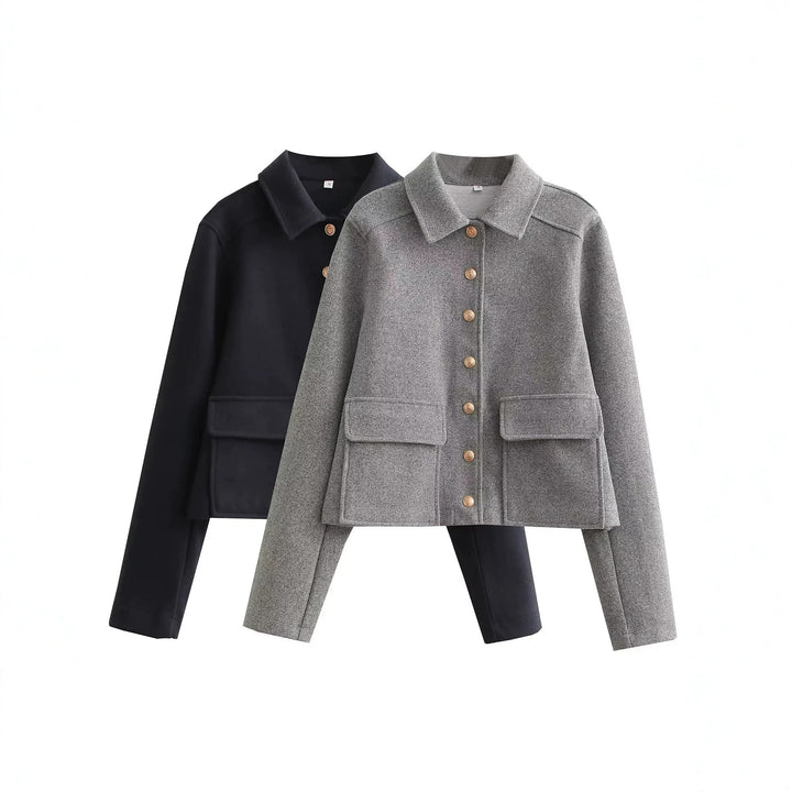 Women's short wool blend overshirt with flap pockets and decorative button placket Mune Fashion