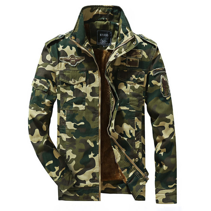Men's field jacket in camouflage pattern with teddy fleece lining, multiple pockets and shoulder epaulets Mune Fashion