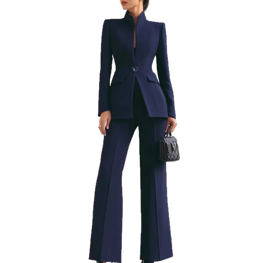 Women Tailored Blazer with Stand Collar and High-Waist Flared Pants Mune Fashion