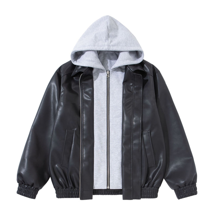 Men's Boxy Leather Blouson with Attached Jersey Hood and Ribbed Hem Mune Fashion