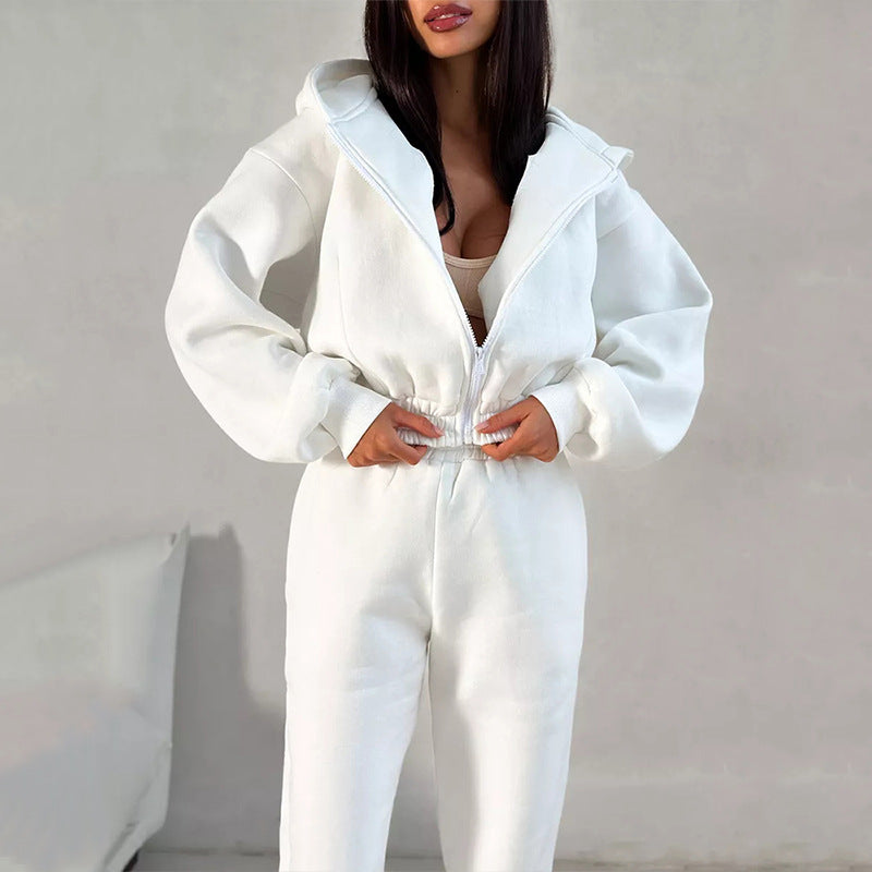 Women's Cropped-Zip-Hoodie with Balloon Sleeves and High-Cut Jogging Pants with Gathered Waistband Mune Fashion