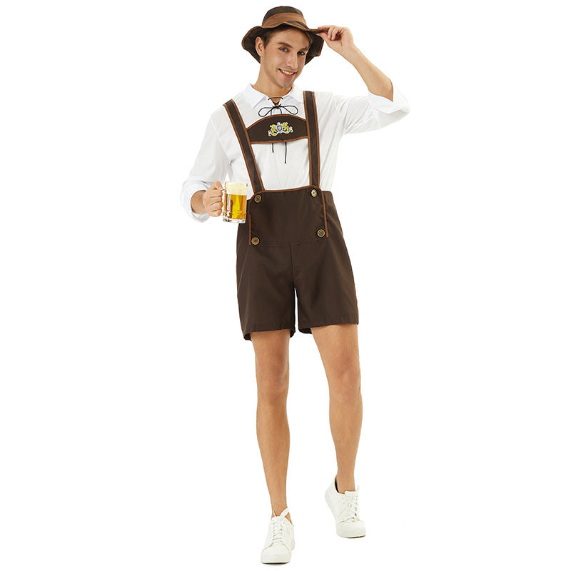Men's short traditional leather shorts with adjustable straps and embroidered bib Mune Fashion