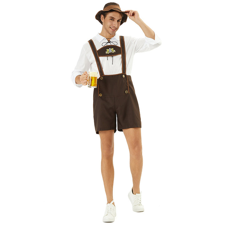 Men's short traditional leather shorts with adjustable straps and embroidered bib Mune Fashion