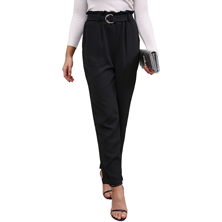 Women Elegant high-waisted paperbag trousers with tie belt and straight leg Mune Fashion