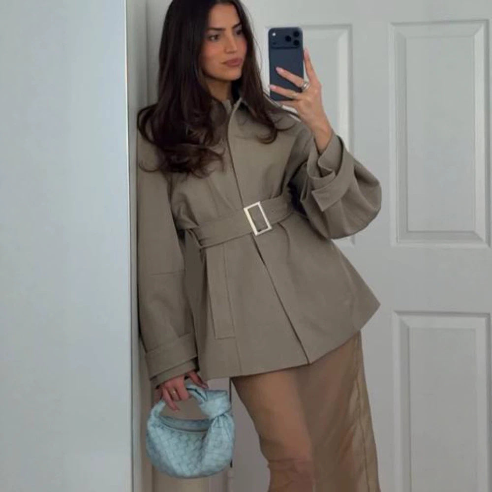 Women's Short Trench Coat with Waist Belt, Dropped Shoulder and Voluminous Balloon Sleeves Mune Fashion